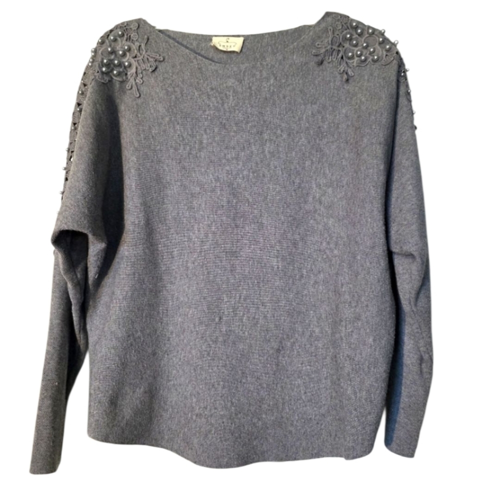 Ember Gray Boatneck Sweater with Crochet Lace And Pearl Accent Shoulders XL EUC
